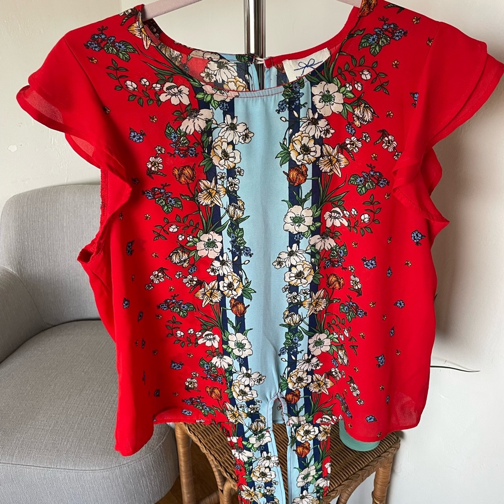 Vibrant Floral Red and Blue Blouse